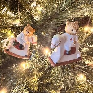 Set of 2 vintage teddy bears on rocking horses ornaments